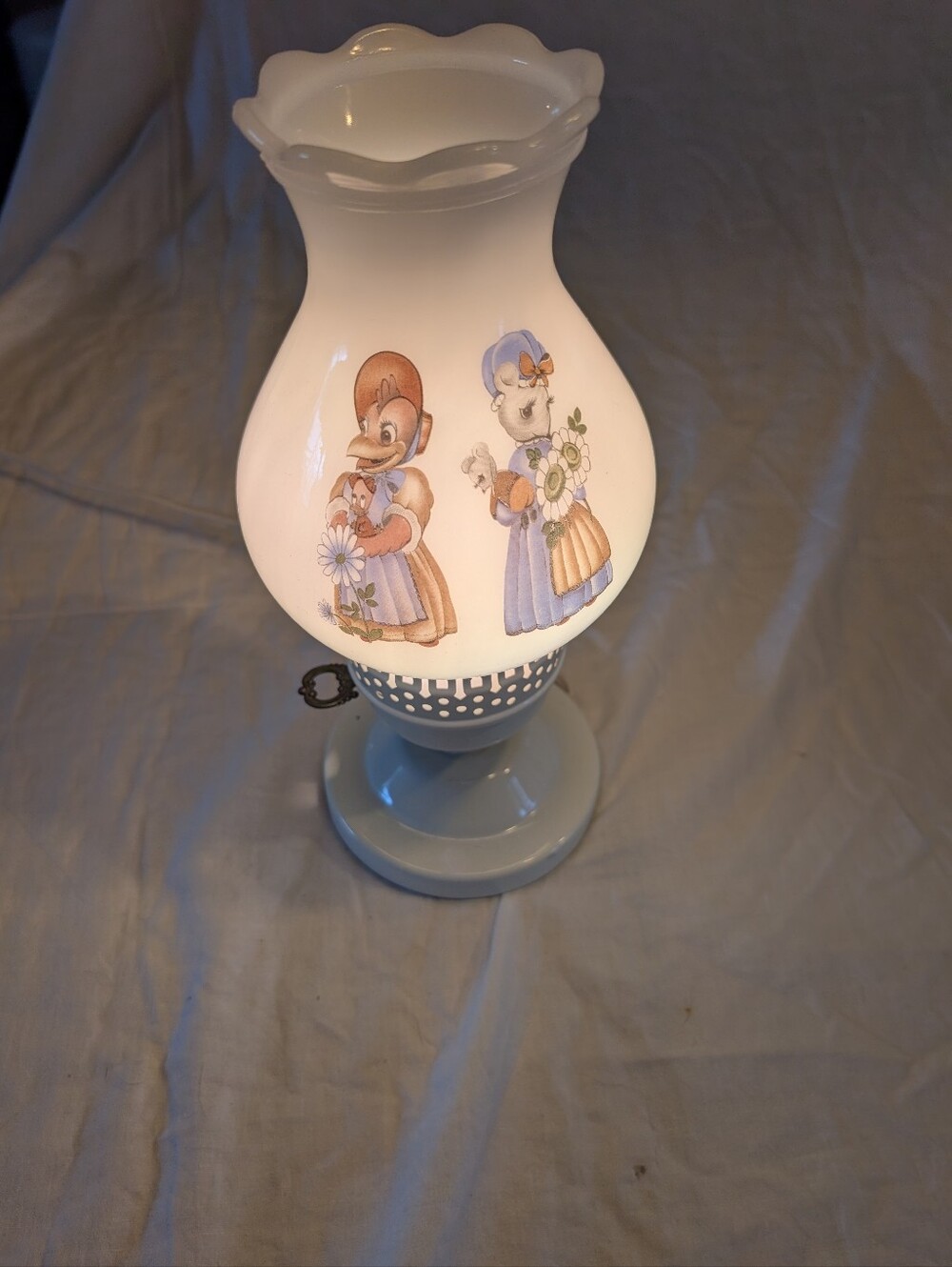 2/50$ Vintage Blue and Glass Lamp with Hand-Painted Floral Characters